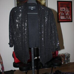 FOREVER 21 Black Sequin Open Knit Jacket L  3/4 Cuff Sleeve Fully Lined